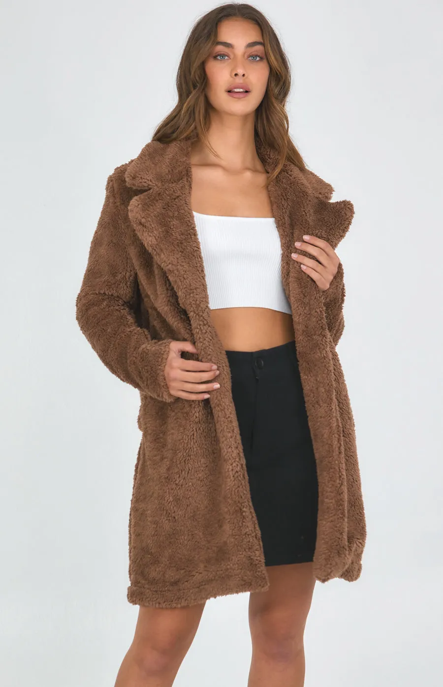 Longline Fluffy Teddy Coat With Functional Pockets