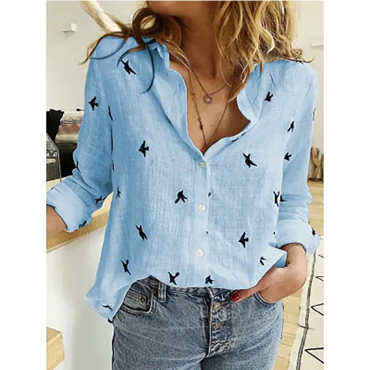 Loose button printed long-sleeved shirt