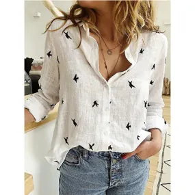 Loose button printed long-sleeved shirt