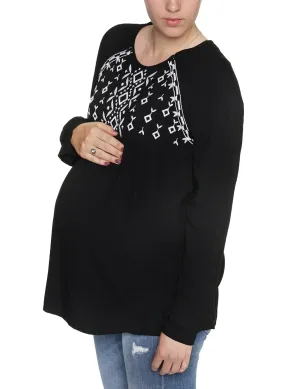 Maternity & Nursing Embroidered Blouse - Black/White