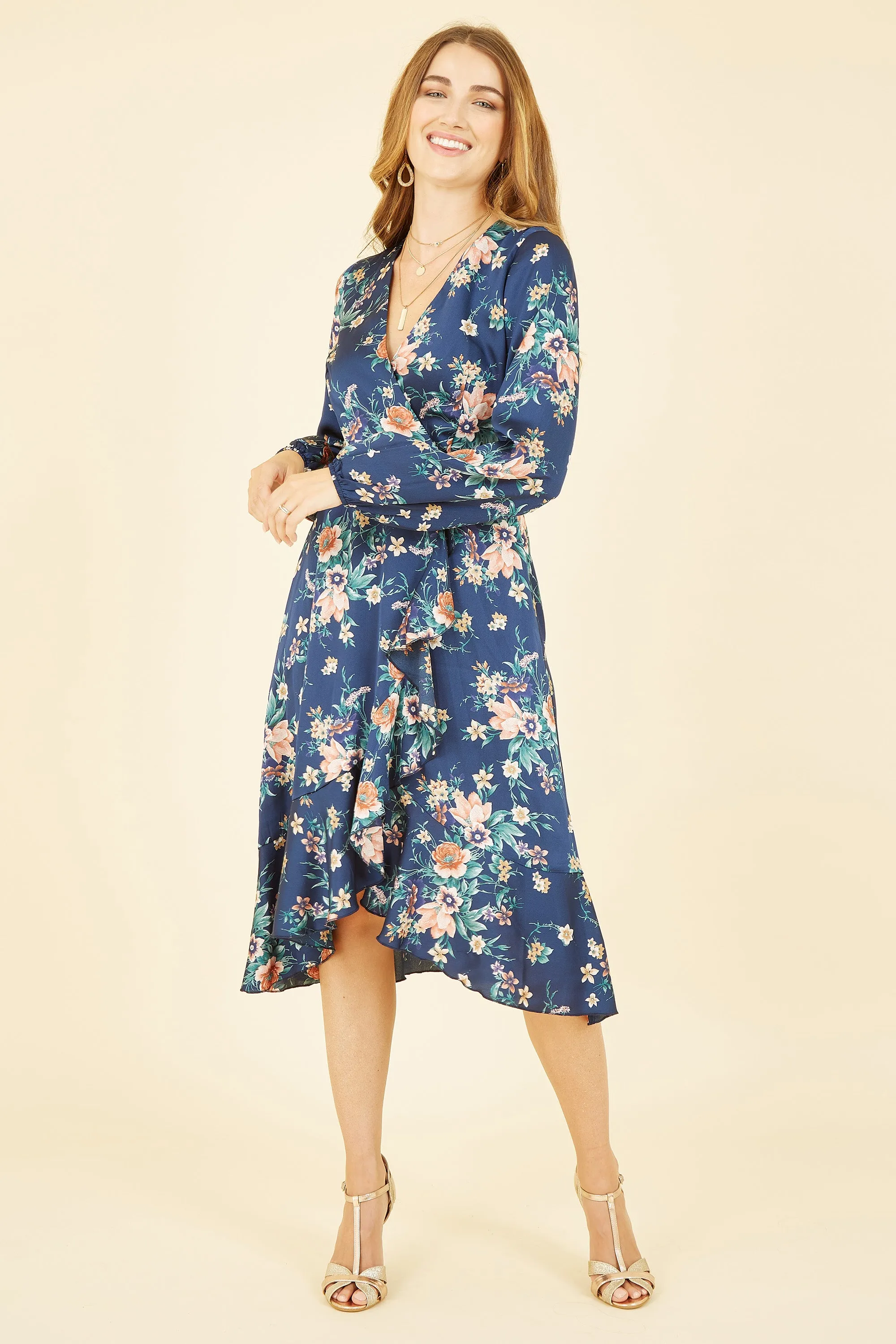 Mela London Navy Long Sleeve Floral Print Satin Wrap Dress