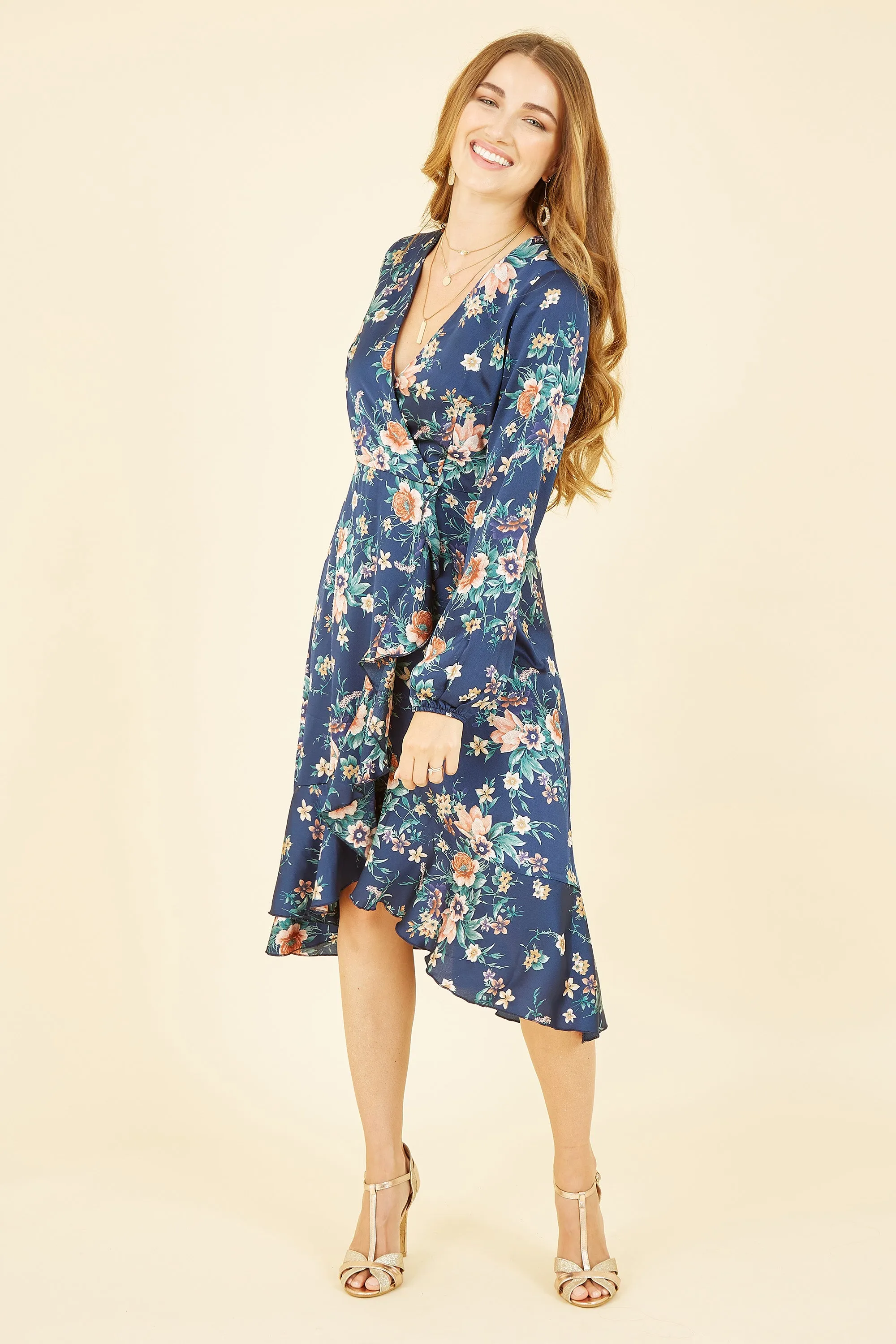 Mela London Navy Long Sleeve Floral Print Satin Wrap Dress