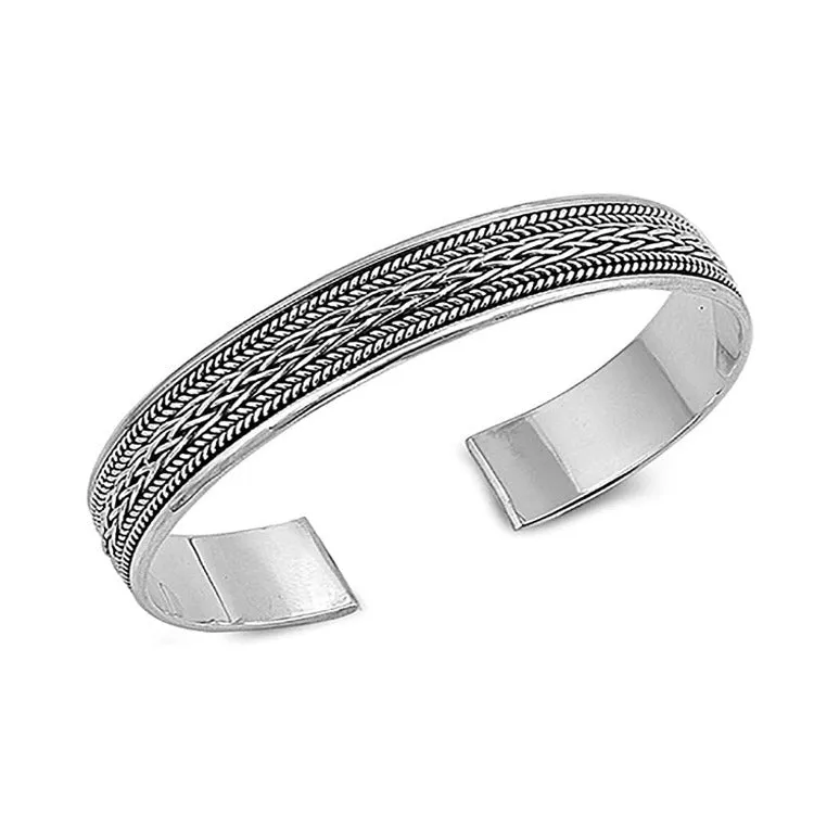 Mens Solid Silver Bangle - 925 Sterling Silver Braided  Bracelet - Adjustable