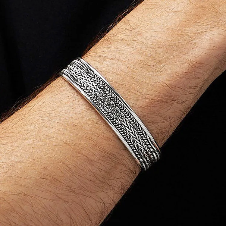 Mens Solid Silver Bangle - 925 Sterling Silver Braided  Bracelet - Adjustable