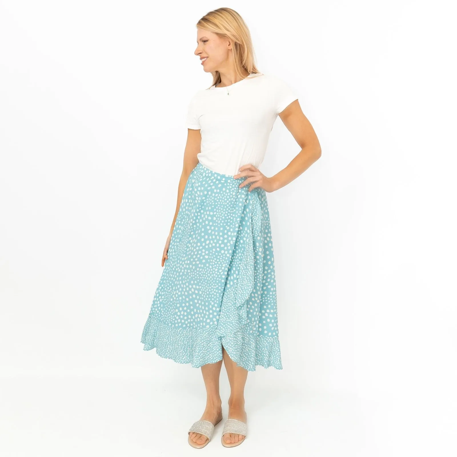 Monsoon Light Blue Wrap Style Lightweight A-Line Frill Midi Skirt