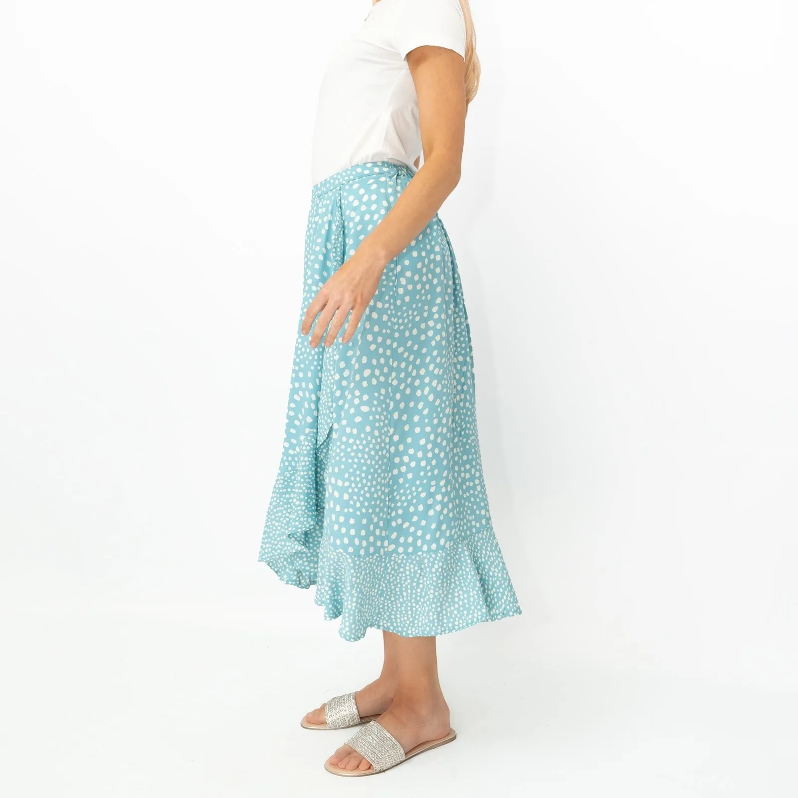 Monsoon Light Blue Wrap Style Lightweight A-Line Frill Midi Skirt