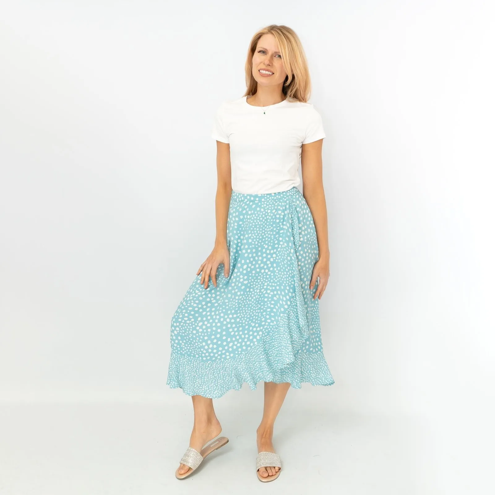 Monsoon Light Blue Wrap Style Lightweight A-Line Frill Midi Skirt