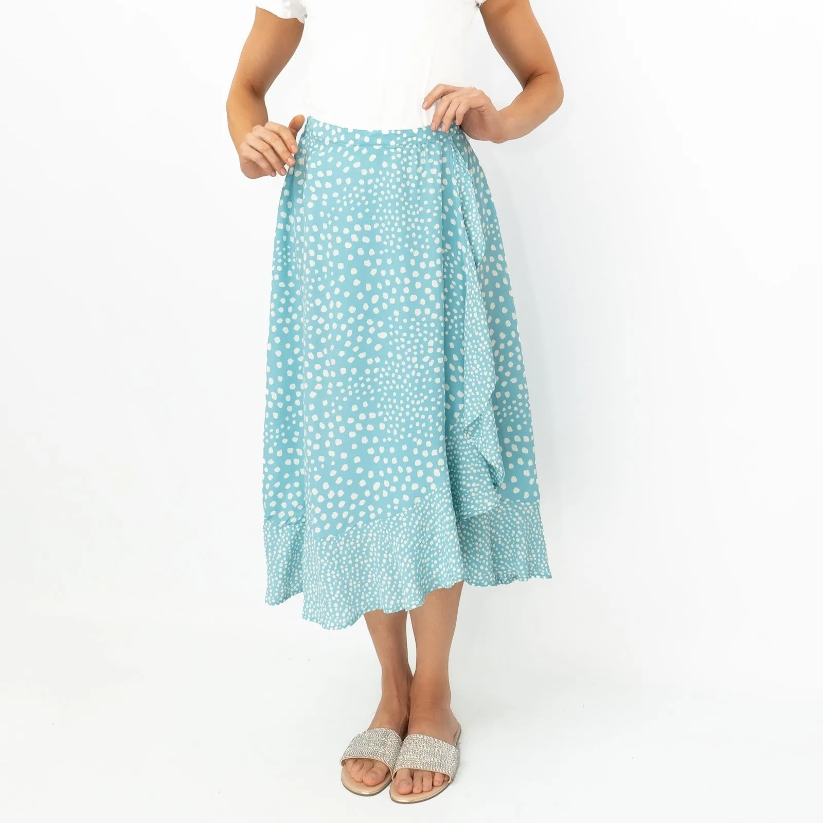 Monsoon Light Blue Wrap Style Lightweight A-Line Frill Midi Skirt