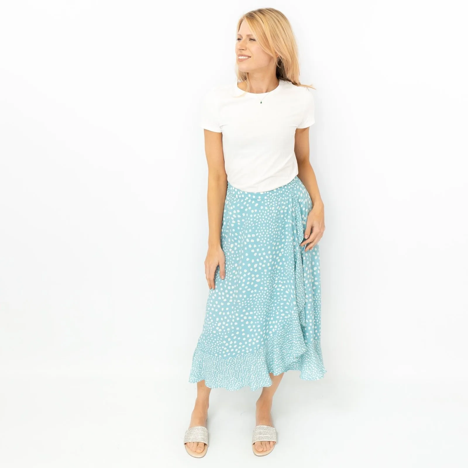 Monsoon Light Blue Wrap Style Lightweight A-Line Frill Midi Skirt