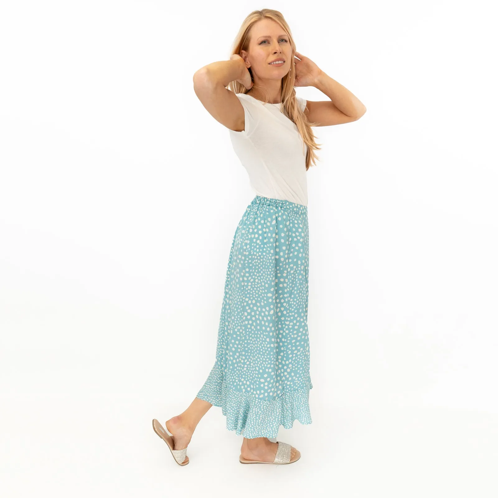 Monsoon Light Blue Wrap Style Lightweight A-Line Frill Midi Skirt