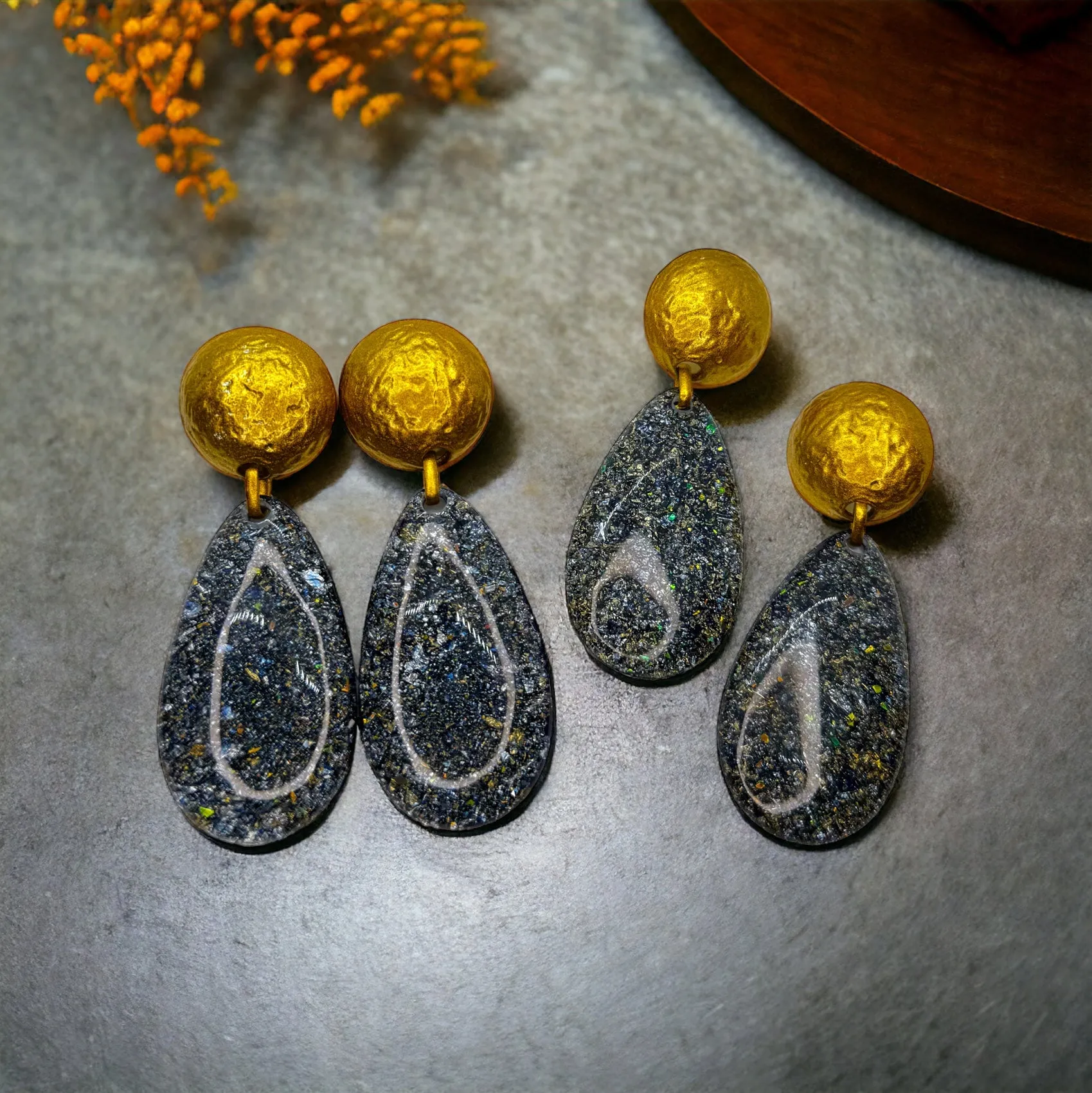 Oversized Earrings - Blue and Gold, New Orleans, Blue Drop, Gold Drop, Handmade Earrings, Glitter Accessories, Handmade Jewelry, Blue Gold