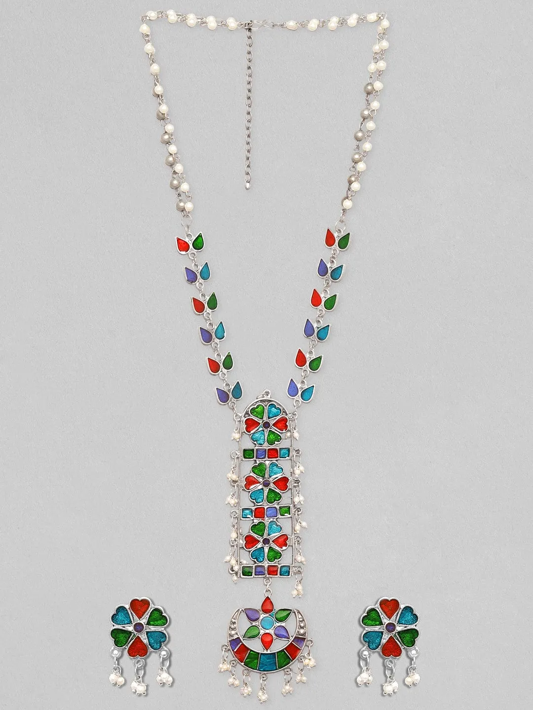 Rubans Oxidised Silver-Plated Enamelled Statement Long Jewellery Set