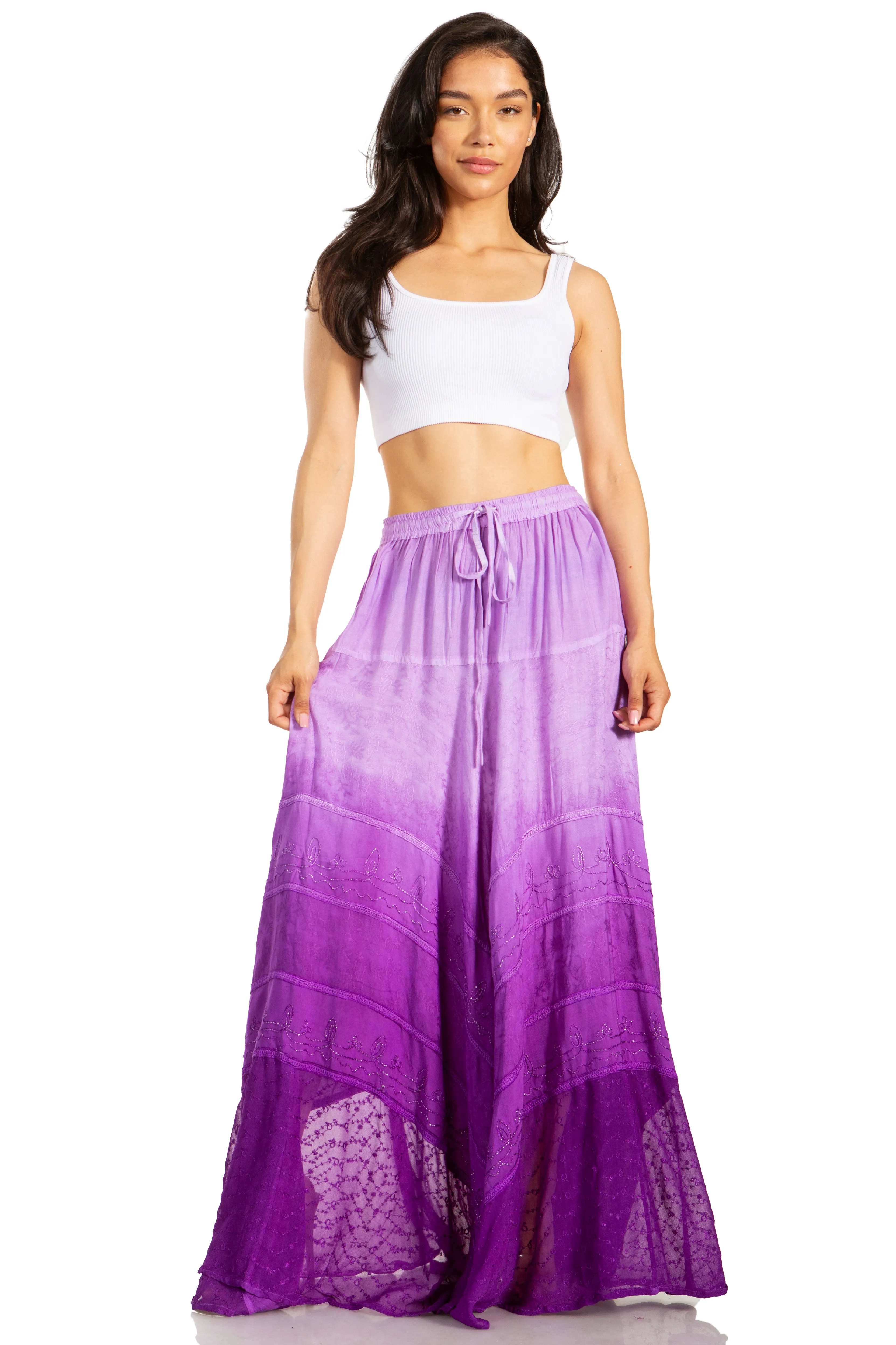 Sakkas Lyra Womens Bohemian Soft Brocade Rayon Tiered Embroidered Flowy Long Skirt