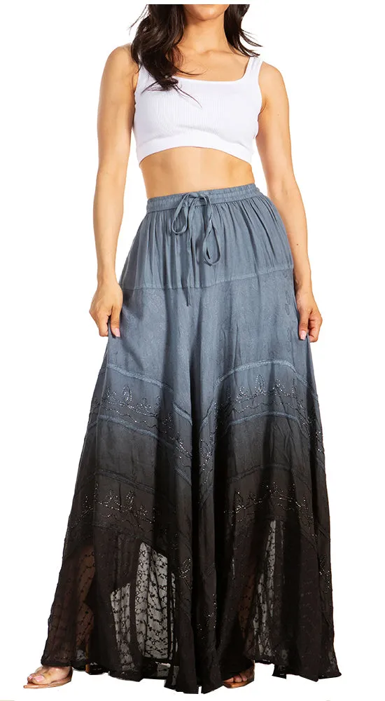 Sakkas Lyra Womens Bohemian Soft Brocade Rayon Tiered Embroidered Flowy Long Skirt