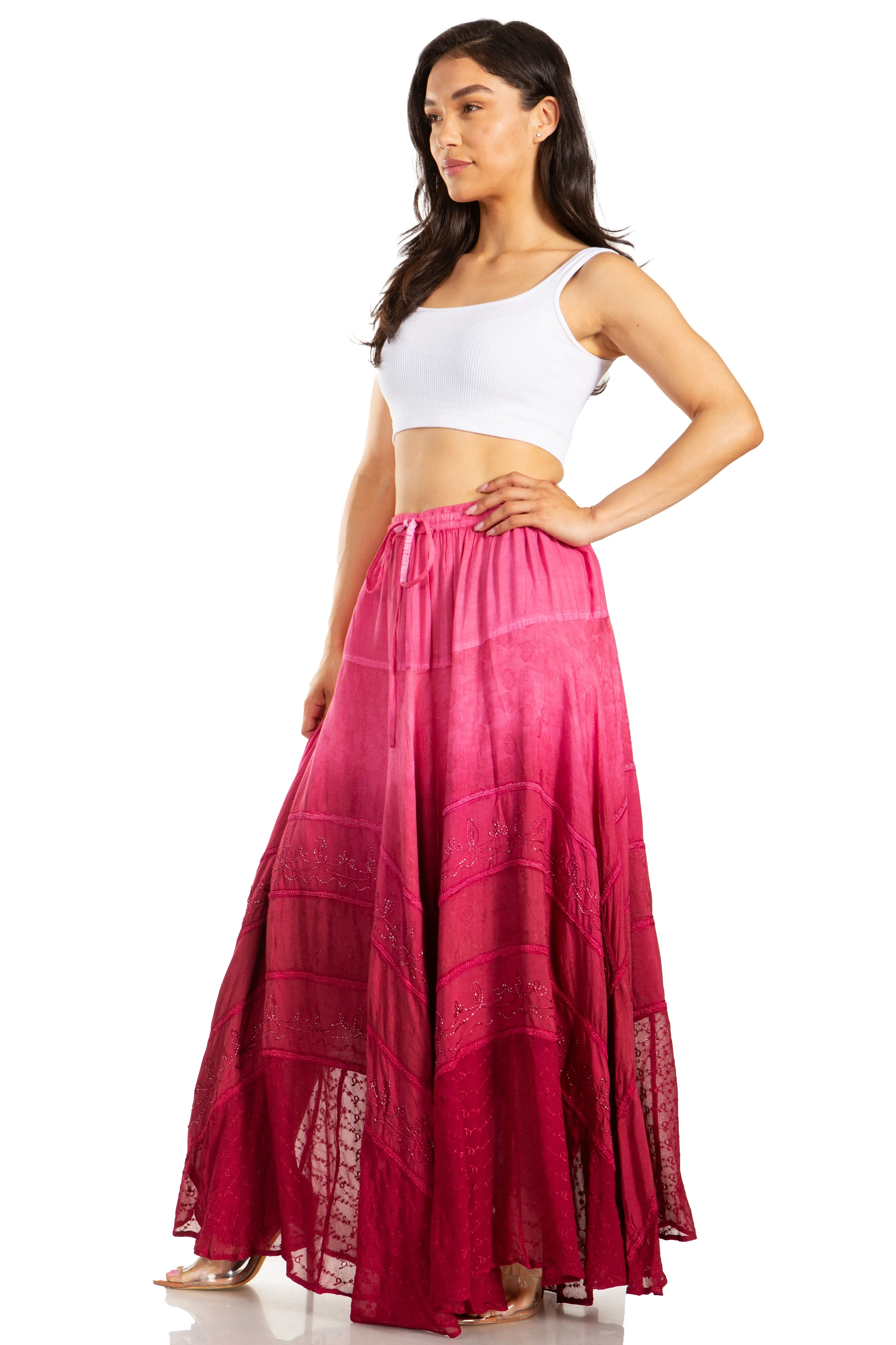 Sakkas Lyra Womens Bohemian Soft Brocade Rayon Tiered Embroidered Flowy Long Skirt