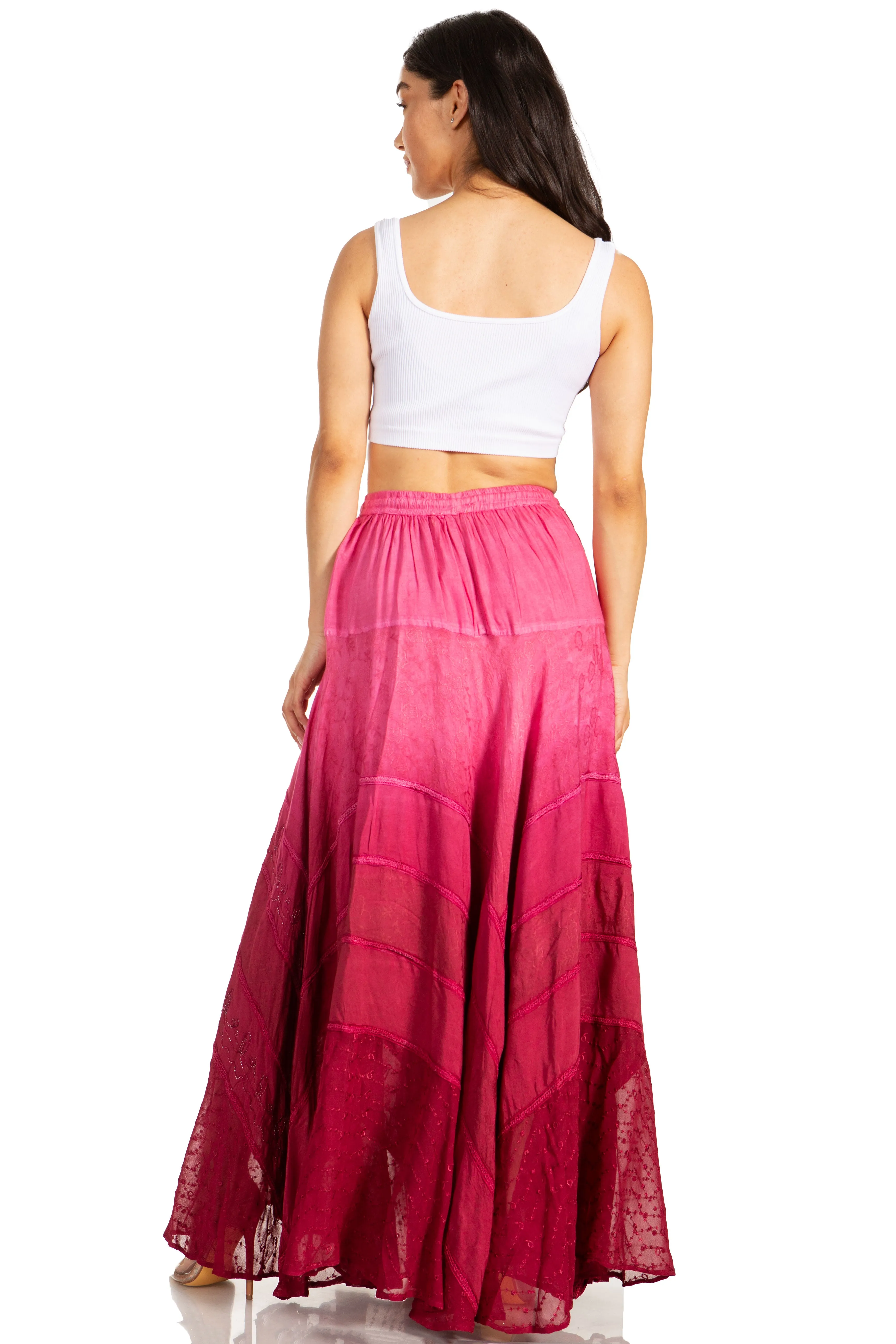 Sakkas Lyra Womens Bohemian Soft Brocade Rayon Tiered Embroidered Flowy Long Skirt