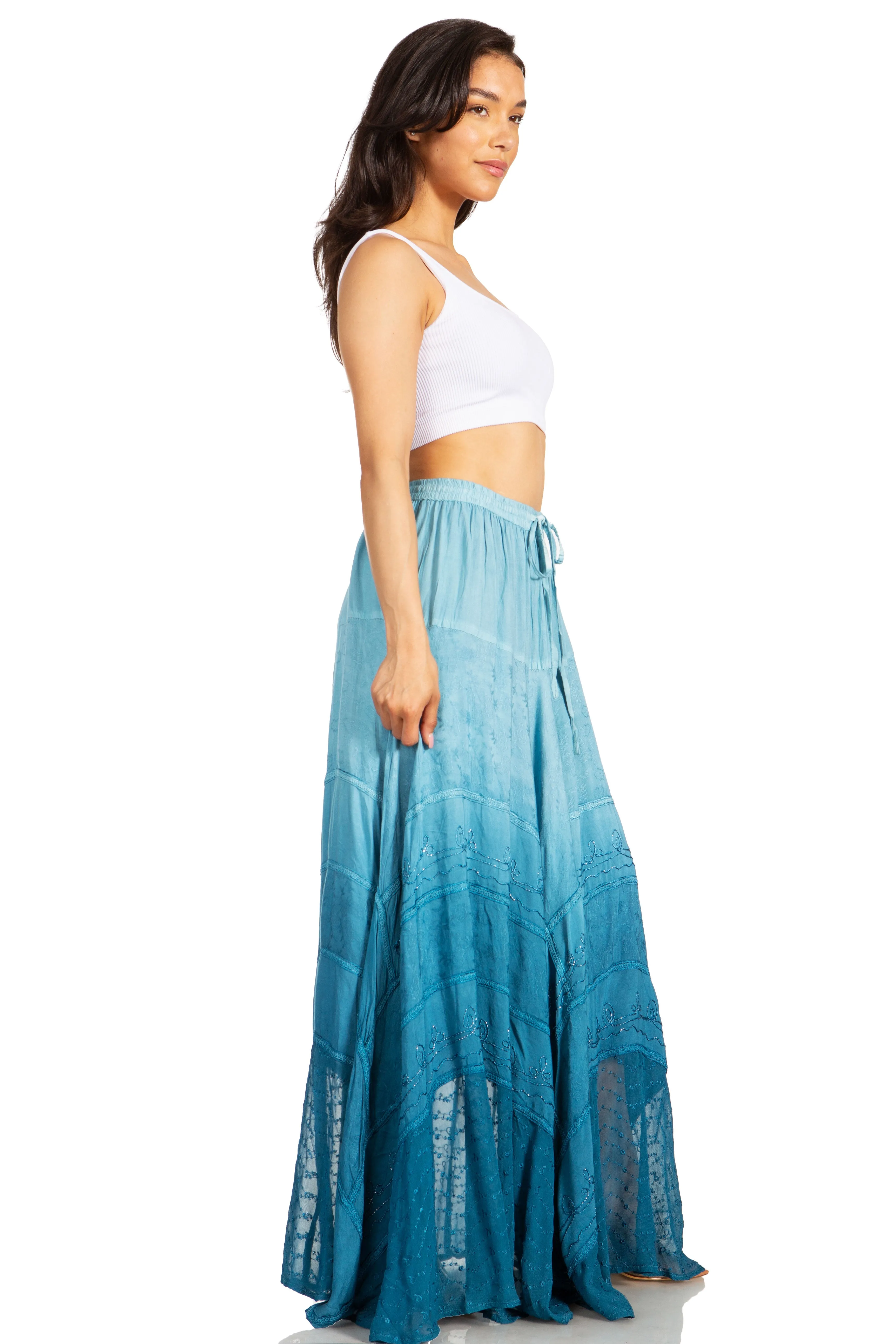 Sakkas Lyra Womens Bohemian Soft Brocade Rayon Tiered Embroidered Flowy Long Skirt