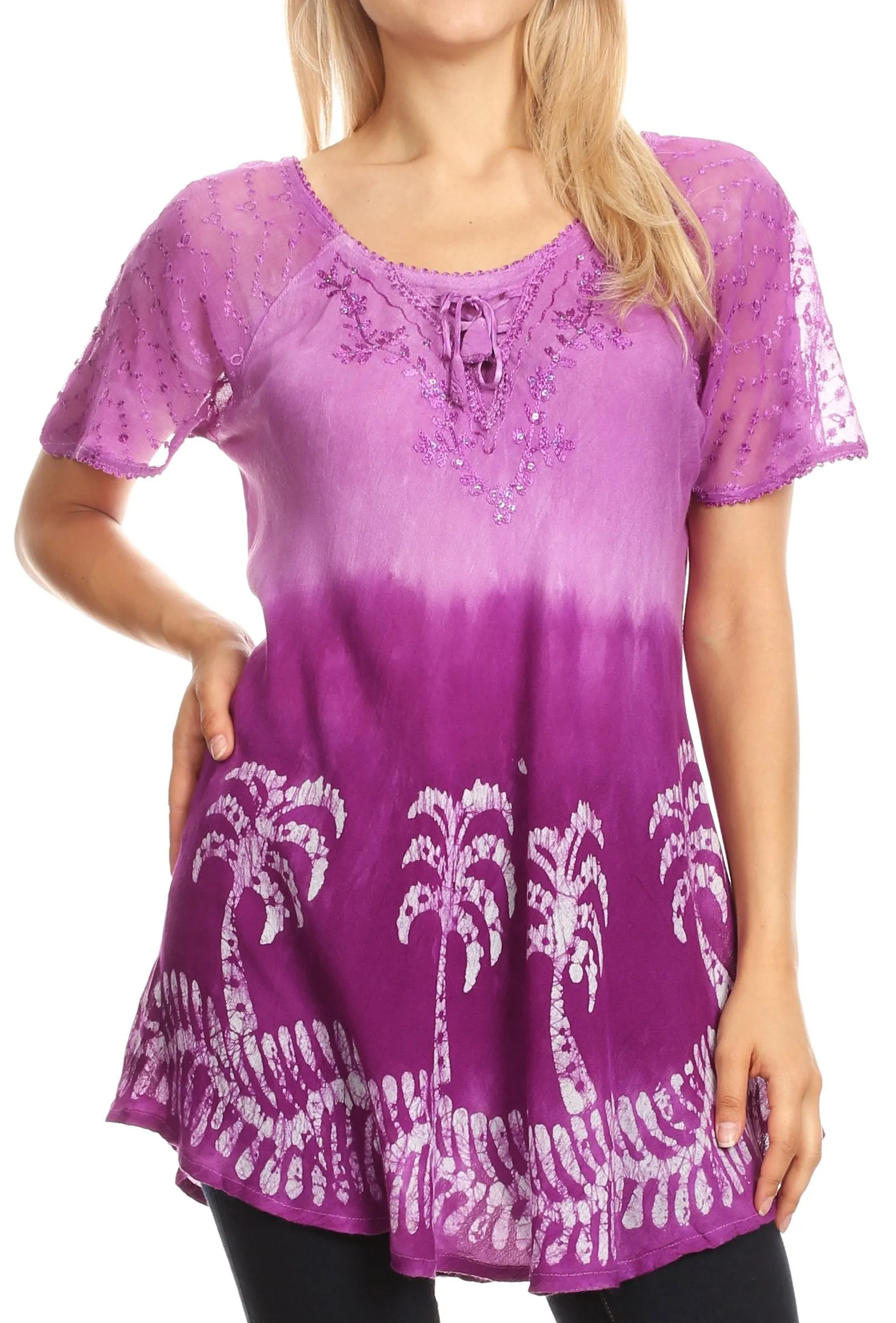 Sakkas Magda Womens Short Sleeve Flare Bohemian Blouse Top Lace Batik Printed