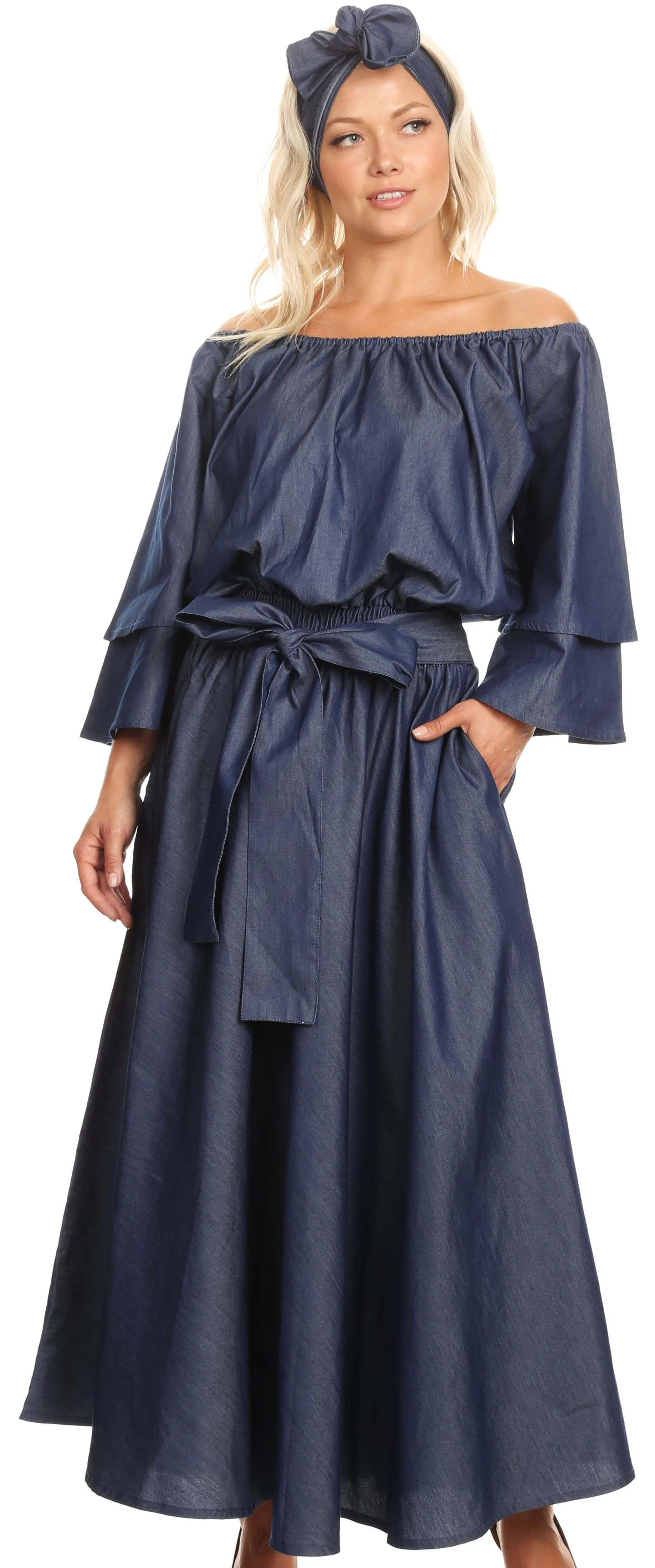 Sakkas Nohea Womens Chambray Flowy Maxi Peasant Boho Dress Flare with Pockets