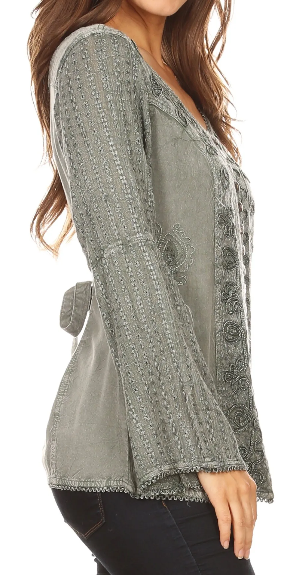 Sakkas Salma Womens Button Down Long Sleeve Blouse Top Shirt Stonewashed and Lace