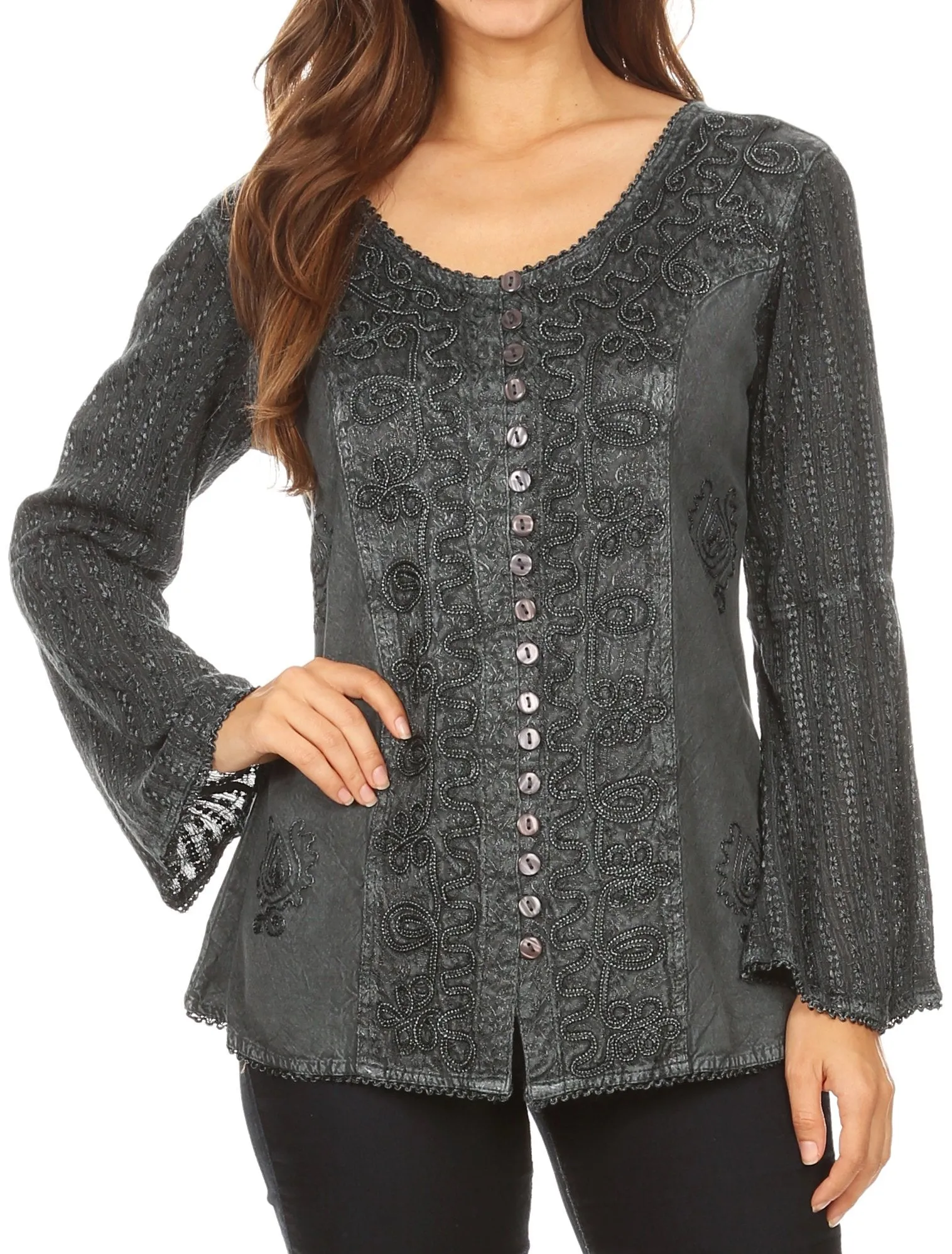 Sakkas Salma Womens Button Down Long Sleeve Blouse Top Shirt Stonewashed and Lace