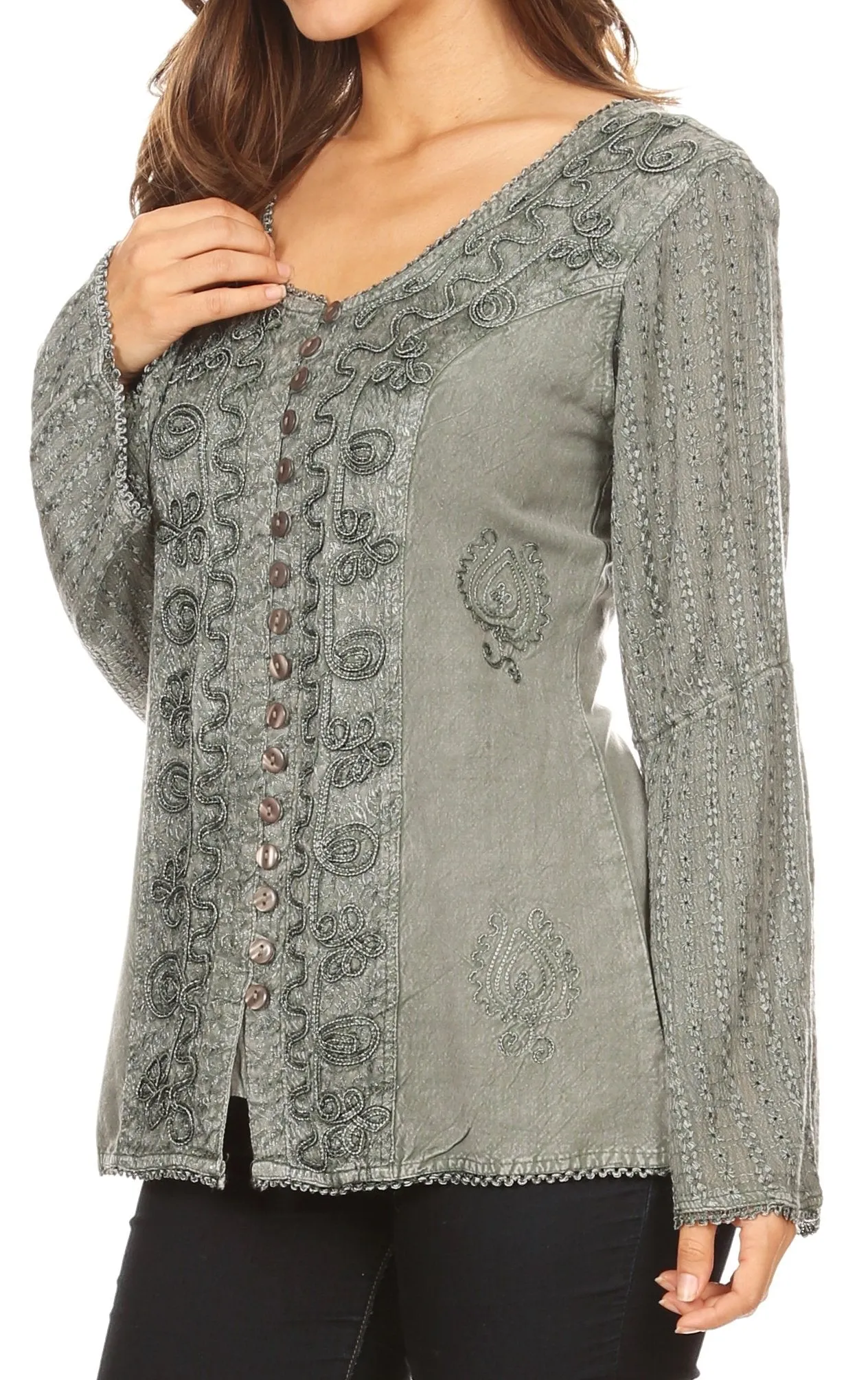 Sakkas Salma Womens Button Down Long Sleeve Blouse Top Shirt Stonewashed and Lace