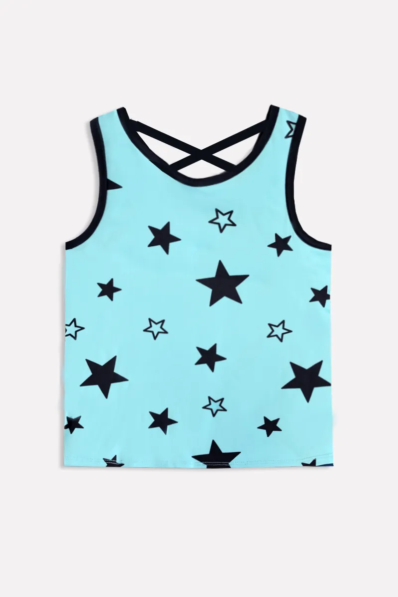 Simply Soft Cross-Back Tank - Neon Aqua Stars