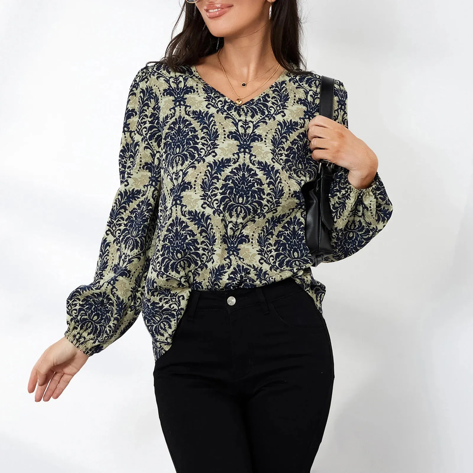 Vintage Ethnic Long Sleeve V Neck Plant Loose Spring Summer Pullover Boho T-shirt