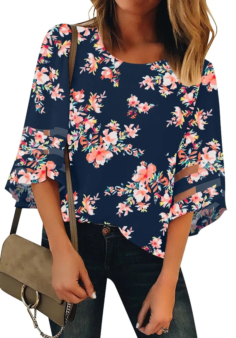 Women's 3/4 Bell Sleeve Mesh Panel Blouse Floral Printed Shirt Top