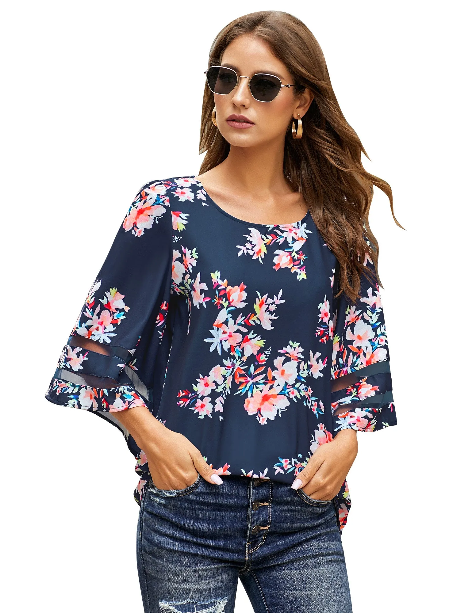 Women's 3/4 Bell Sleeve Mesh Panel Blouse Floral Printed Shirt Top