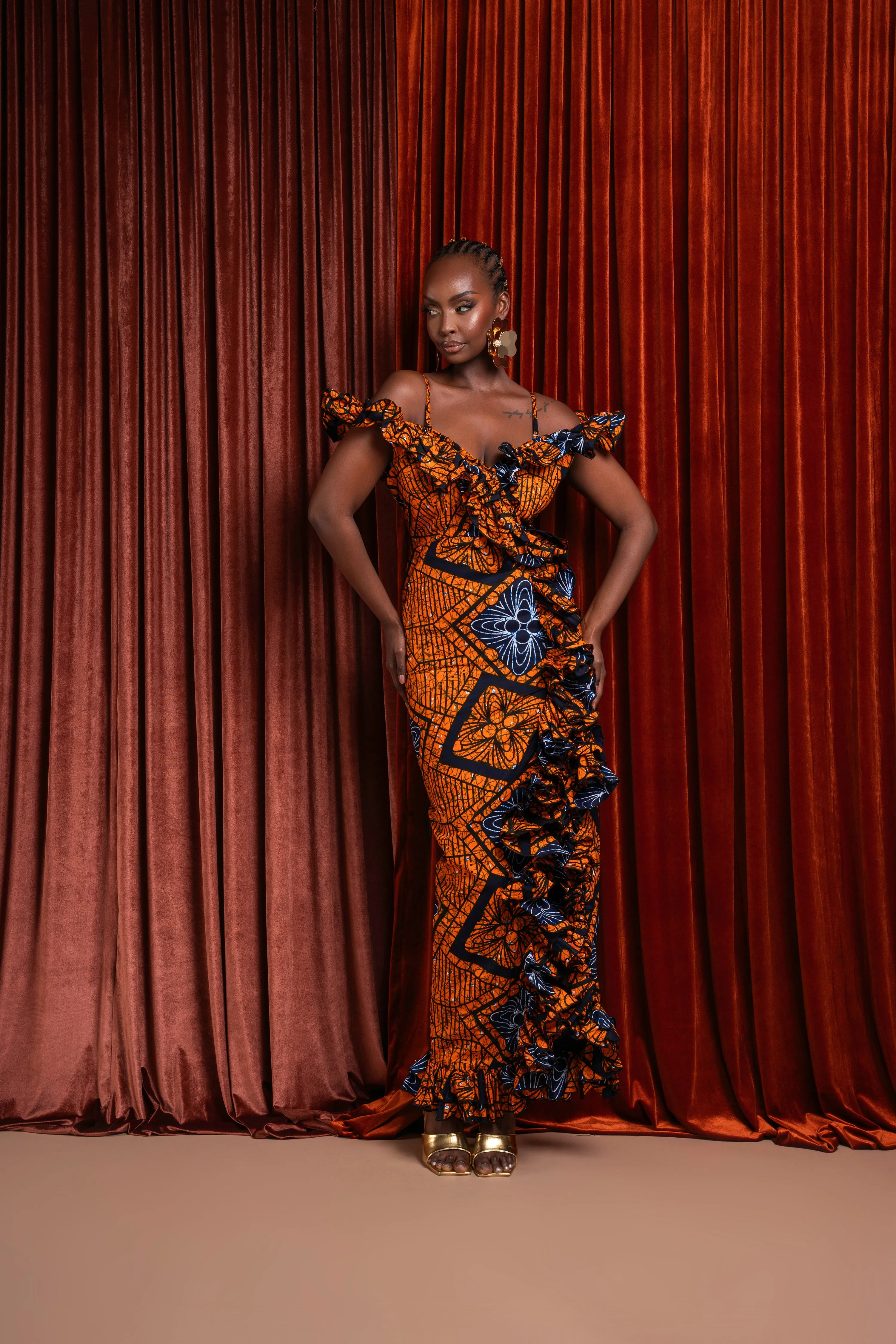 ZEZE Off shoulder Ruffle African Print Maxi Dress